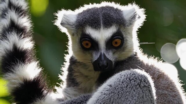  close-up portrait of a ring-tailed lemur perched on a tree branch in the lush forests of Madagascar,