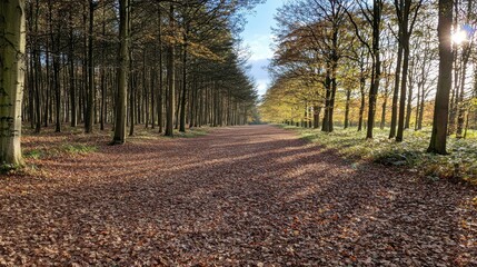 Fototapeta premium Autumn nature walk through leafy forest path scenic outdoor setting vibrant colors calm atmosphere inviting viewpoint relaxation concept