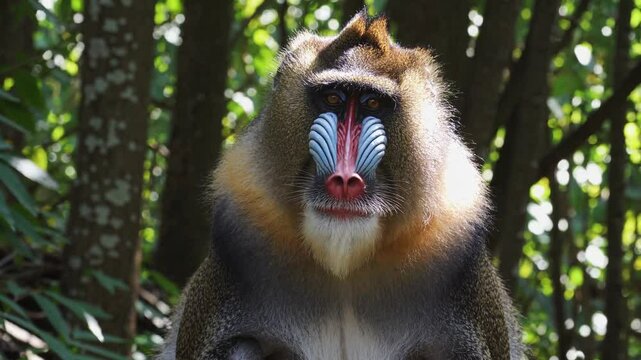 close-up portrait of a mandrill sitting in the shade of a dense tropical rainforest,