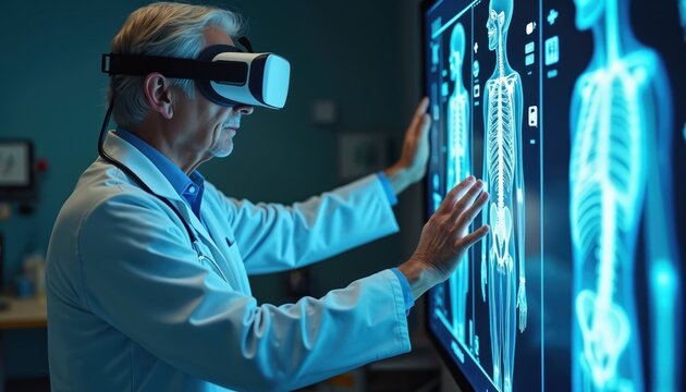 Doctor uses virtual reality to explore holographic 3D anatomy in modern clinic. Medical professional enhances knowledge, skills. Advanced tech helps diagnosis, treatment, research in health care,