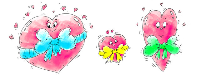 3 red blue green yellow happy hearts shaped icons set with bow. Line present with sweets clipart. Cute gift illustration. Funny Saint Valentine day