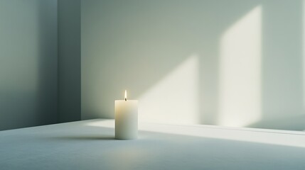 A single lit candle sits on a white surface