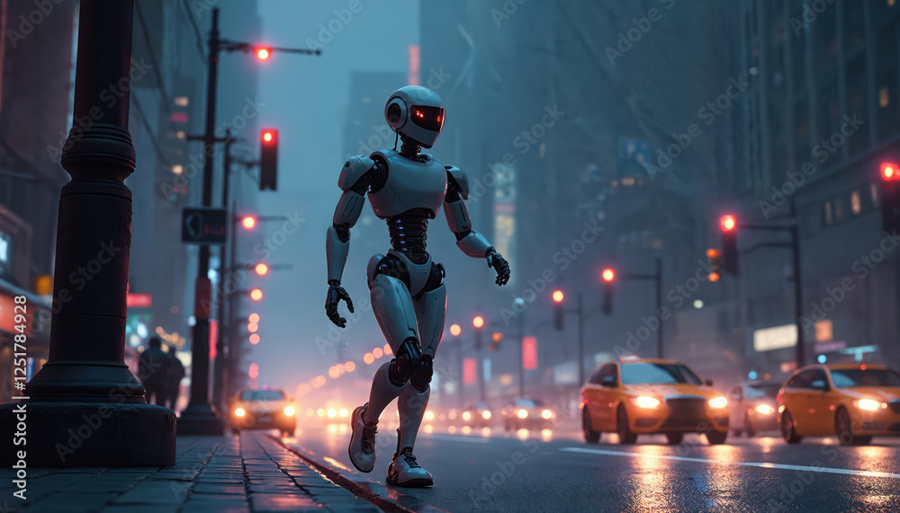 Poster robot strides urban street at night. futuristic cityscape shows tech automation. artificial intellig