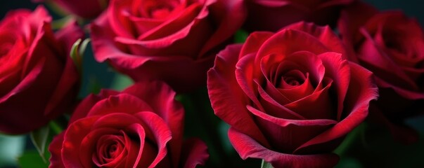 Fototapeta premium Deep red roses, lush velvet petals, vibrant bouquet , intense, petals, passion