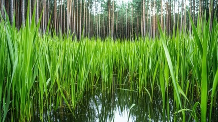Obraz premium Lush green grass and water reflection serene forest location nature photography tranquil environment ground level viewpoint natural beauty concept