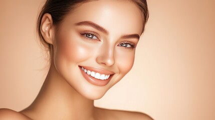 Fototapeta premium Close-up of a smiling woman with defined cheekbones, bright eyes, and healthy skin, illuminated by soft natural light, exuding beauty and grace