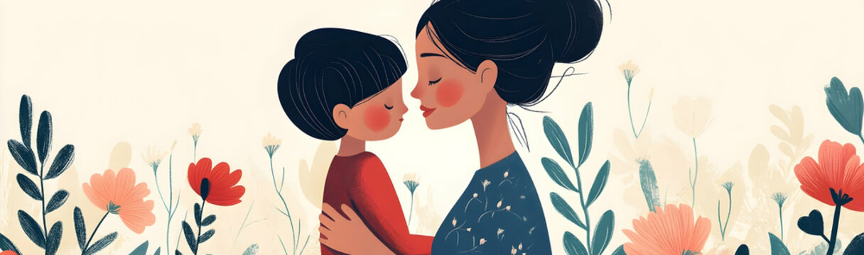 Heartwarming illustration of a mother and child with a floral background, symbolizing love and family bonds AI Generated