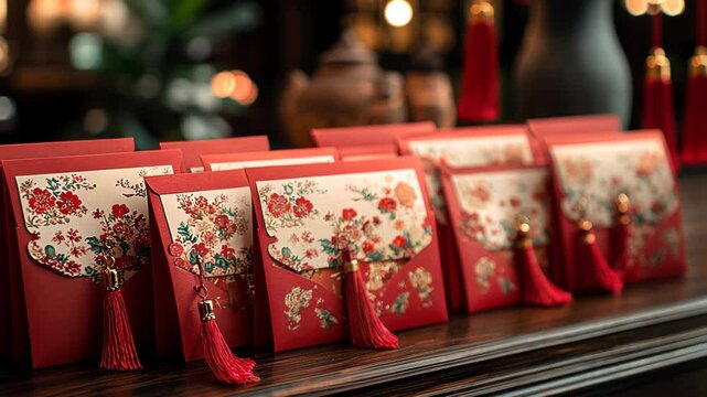 Elegant red envelopes with floral designs displayed on a wooden table, surrounded by soft lighting and decorative elements