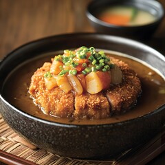 "Savory Deep-Fried Pork Cutlet Topped with Japanese Curry Sauce, Served with Steamed Rice and Fresh Herbs"