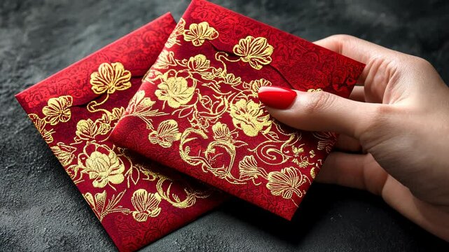 Elegant red envelopes with gold floral designs held by a manicured hand