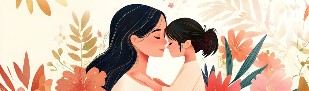 Heartwarming illustration of a mother and child with a floral background, symbolizing love and family bonds AI Generated