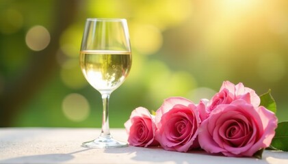 Elegant white wine glass, pink roses, sunlight, petals, wine, pink