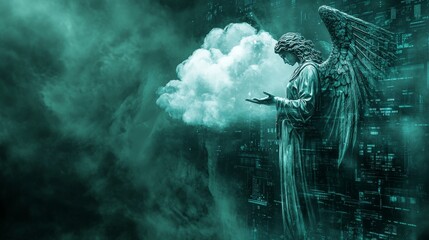 Fototapeta premium digital artwork featuring guardian angel surrounded by clouds and mystical background. ethereal atmosphere evokes sense of protection and serenity