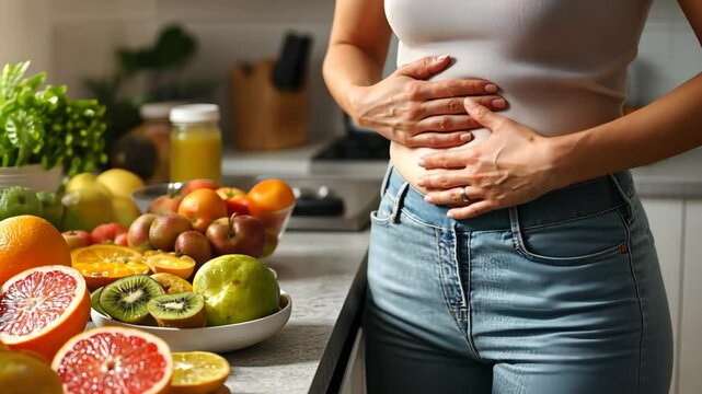 Woman clutching stomach with fruit allergy symptoms in kitchen surrounded by fresh fruits and vegetables - allergy concept