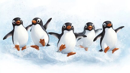 A group of penguins slipping on ice, funny and chaotic, winter wonderland setting