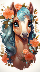 Colorful horse illustration with floral decorations and vibrant details. Generative AI