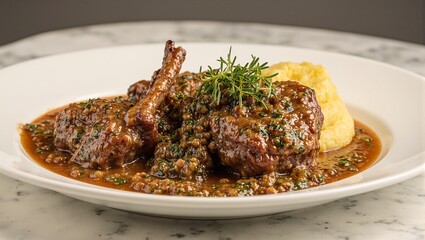 Delicious veal osso buco with gremolata topping and creamy polenta on a white plate Perfect for food enthusiasts and menus