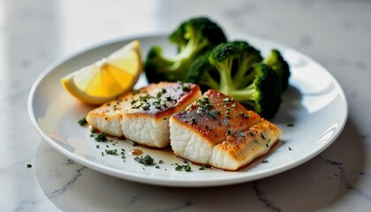 Grilled Fish Fillet with Steamed Broccoli and Lemon