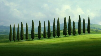 Fototapeta premium Serene line of cypress trees in rolling hills nature landscape photography green environment wide view tranquil concept
