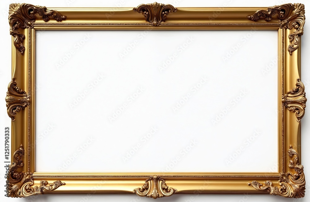 Poster gold ornate frame isolated on white background. empty gilded framework for picture photo display, de
