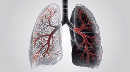 smoker's human lungs with detailed vascular network, one lung clears the other from the effects of smoking, isolated on white background