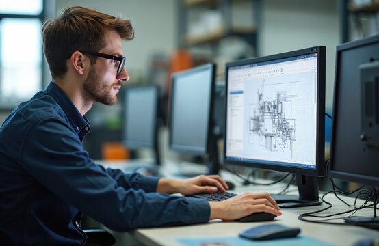 Engineer with glasses works on desktop computer in office. Male designs product using CAD software. Man in shirt analyzes construction blueprint on monitor screen, develops project. Workplace with