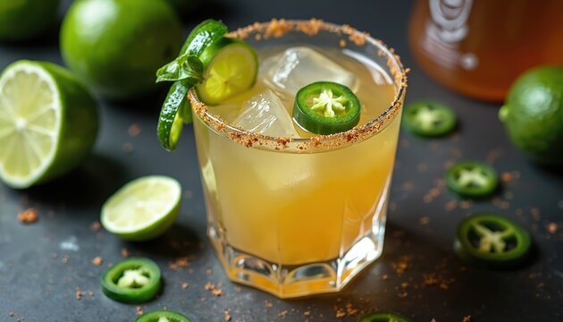 Spicy margarita cocktail with lime and jalapeno slices sits on dark surface. Refreshing mixed drink in glass is ideal for summer festive celebration or bar menu promotions.