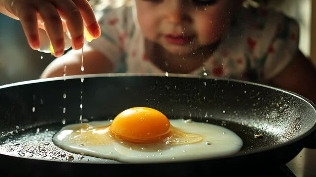 Toddler in background curiously watching as hand cracks egg into pan, highlighting food allergy consideration concept. - Powered by Adobe