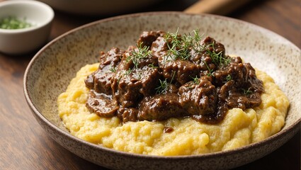 Indulge in a decadent dish of creamy polenta with braised beef short ribs and savory mushroom sauce Perfect for food lovers