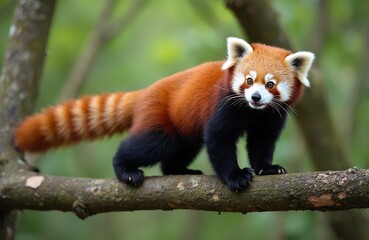 Red panda on tree branch. Cute panda bear in forest habitat. Ailurus fulgens, also called lesser panda, red bear-cat is mammal native to Eastern Himalayas, Southwestern China. Furry animal portrait.