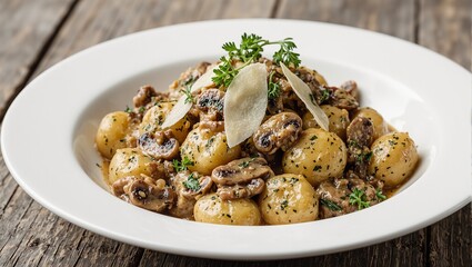Delicious homemade gnocchi in creamy mushroom sauce garnished with herbs  Parmesan Perfect for food blogs or menus