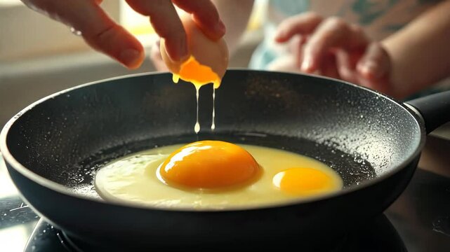 Child with egg allergy observing parent cracking egg in pan, highlighting sensitivity to egg allergens concept