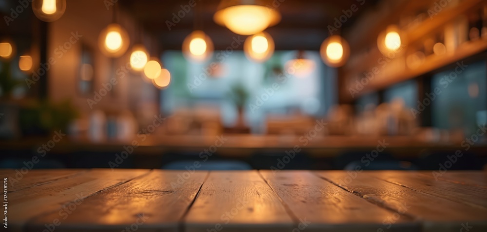 Poster Abstract blurred wooden table counter in bar cafe. Bokeh lights create warm atmosphere. Empty surface ideal for product, drink display, food presentation. Modern urban setting suggests lifestyle