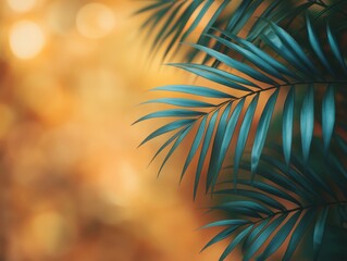 Obraz premium Lush green palm leaves against a warm, blurred background.