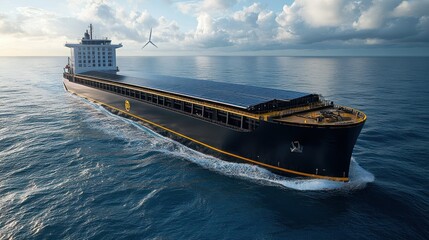 Solar-powered cargo ship sailing ocean, wind turbine background