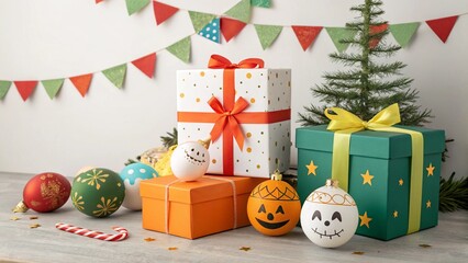 Christmas gifts, colorful presents, red and green ribbons, small decorated Christmas tree, festive bunting, holiday ornaments, pumpkin decorations