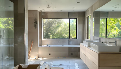 Home bathroom remodel in progress, with sleek design elements and construction underway AI Generated