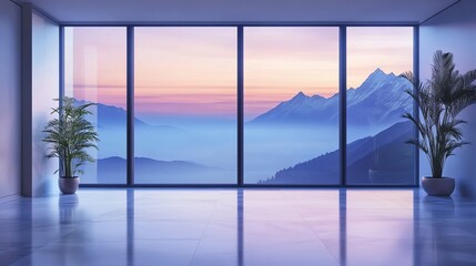 Fototapeta premium Serene sunrise view of majestic mountains through modern glass windows tranquil interior space minimalist design