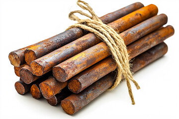 Bundle of rusty metal rods tied together with a natural fiber rope on a white background.