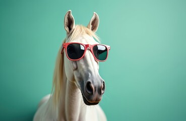 Funny horse portrait in sunglasses against blue background. Animal wearing red glasses. Concept for humour, summer vacation, fun, design. White horse looks cool, fashionable in summer. Generative AI.