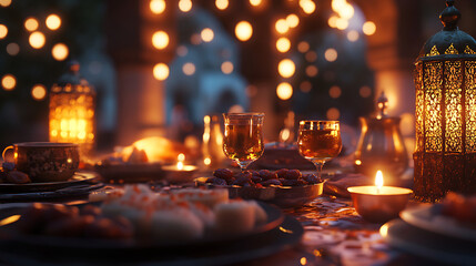 Ramadan Feast Table Setting With Lanterns And Dates