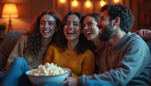 Group of friends laughing while watching movie together. They sit on a couch eating popcorn and having fun. Home entertainment and leisure concept, friendship, togetherness, joy, cozy evening party.