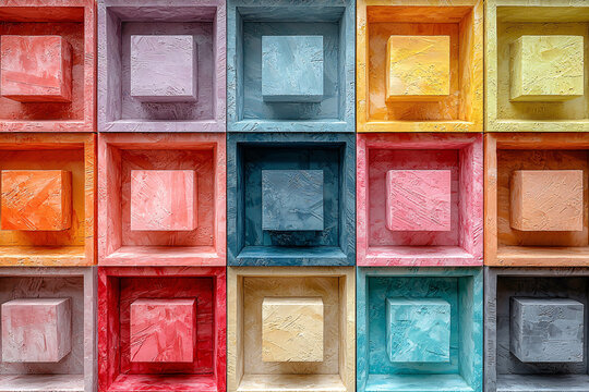 Colorful textured cubes nested in square frames form a vibrant, dimensional abstract pattern.