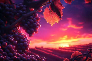 Fototapeta premium Sunset Vineyard: Ripe Grapes and Golden Hues