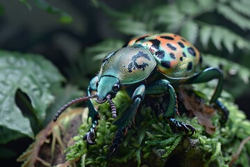 Naklejka premium Close up bug iridescent beetle with metallic green and orange patterns, exotic insect resting on mossy surface in tropical rainforest, wildlife and biodiversity concept for nature and entomology theme
