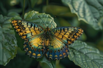 close up butterfly on leaf, yellow and blue patterned wings resting on green leaves, macro shot, delicate details, nature and wildlife concept for biodiversity and conservation themes