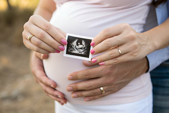 Baby Shower, A couple holds a sonogram image in front of a pregnant belly, symbolizing anticipation and joy for their upcoming baby.