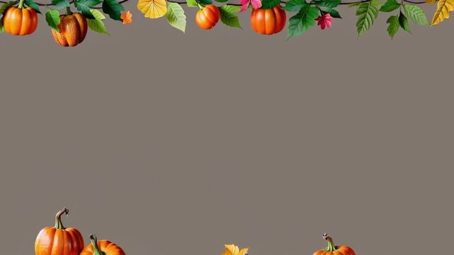 vector illustration of a halloween background. Happy Thanksgiving text space with pumpkins and leaves over the edge as a frame. Blank space for text or copy space. Greeting card video.