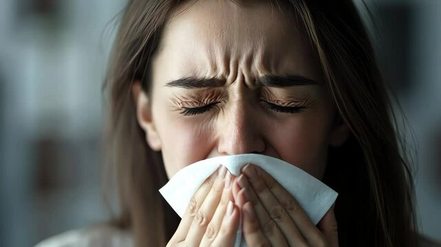 Woman sneezing into tissue with eyes closed and wrinkled brow, experiencing allergy symptoms