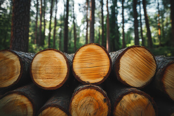 Logs stacked in a forest showcasing natural textures and patterns. Generative AI